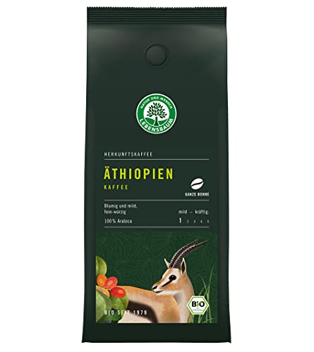 Lebensbaum Äthiopien Kaffee ganze Bohne, Bio-Kaffee aus Arabica-Bohnen mit fein-würzigen Aroma, Röst-Kaffee mit fruchtig-mildem Geschmack, vegan, 250g von Lebensbaum