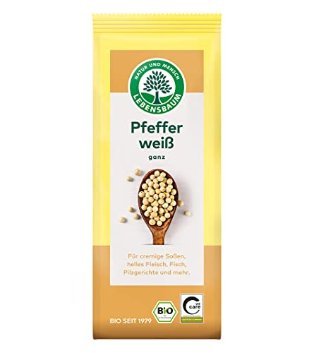 Lebensbaum Pfeffer Weiß, weißer Bio-Pfeffer für cremige Sossen, Helles Fleisch, Fisch & Pilzgerichte, aromatisch mild & vielseitig, ganz, 50 g von Lebensbaum