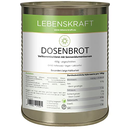 Lebenskraft Dosenbrot, Finnen Körndl Vollkornmischbrot, 1 Dose 400g, lang haltbar, ohne Hefe, vegan, laktosefrei Lebenskraft Dosenbrot, Finnen Körndl Vollkornmischbrot, 1 Dose 400g, lang haltbar, ohne Hefe, vegan, laktosefrei von Lebenskraft