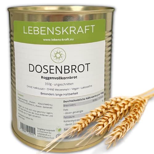 Lebenskraft Dosenbrot, Roggenvollkornbrot, 1 Dose 350g, lang haltbares Dosenbrot, ohne Weizenmehl, vegan, laktosefrei von Lebenskraft