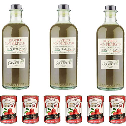 3x Carapelli Non filtrato 1L olio vergine oliva Extra nativ Natives Olivenöl + Italian Gourmet 100% italienische geschälte Tomaten dosen 6x 400g