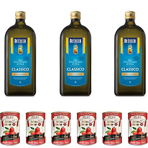 3x De Cecco Classico Natives Olivenöl Extra Olio Extra Vergine 1 Lt nativ + Italian Gourmet 100% italienische geschälte Tomaten dosen 6x 400g
