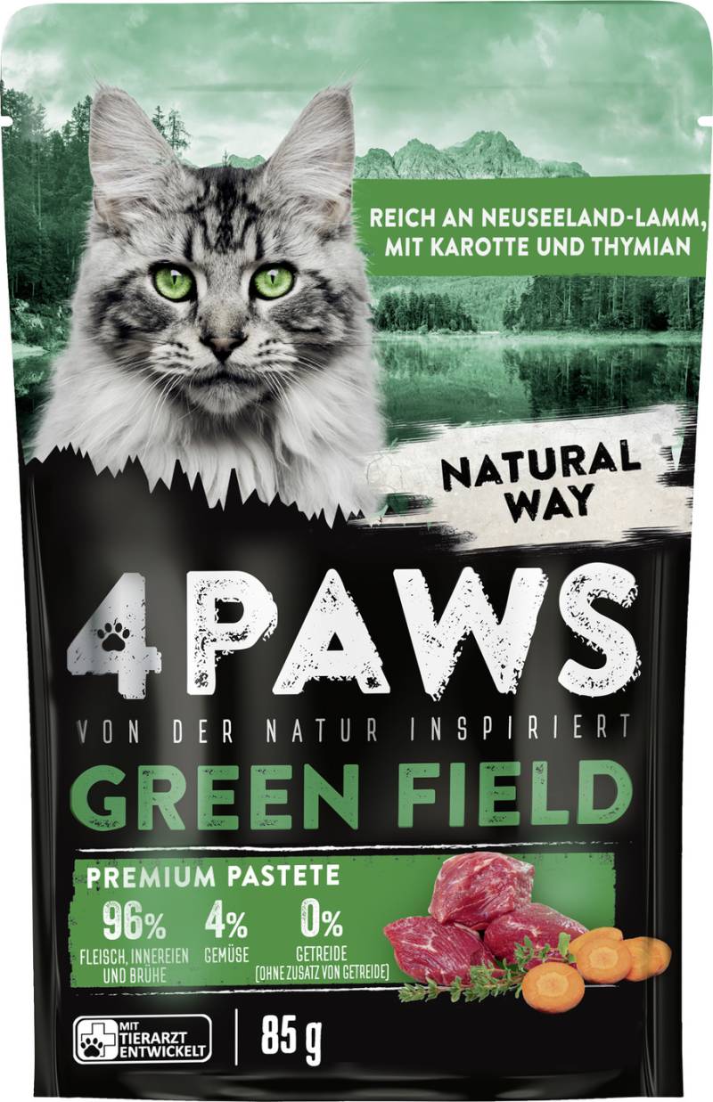 4Paws Green Field Premium Pastete Neuseelandlamm, Karotte & Thymian 85G   MHD 03.05.2025