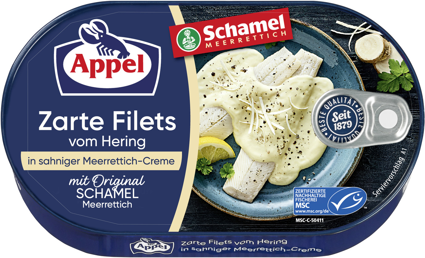 Appel Zarte Heringsfilets in sahniger Meerrettich-Creme 200G Appel Zarte Heringsfilets in sahniger Meerrettich-Creme 200G