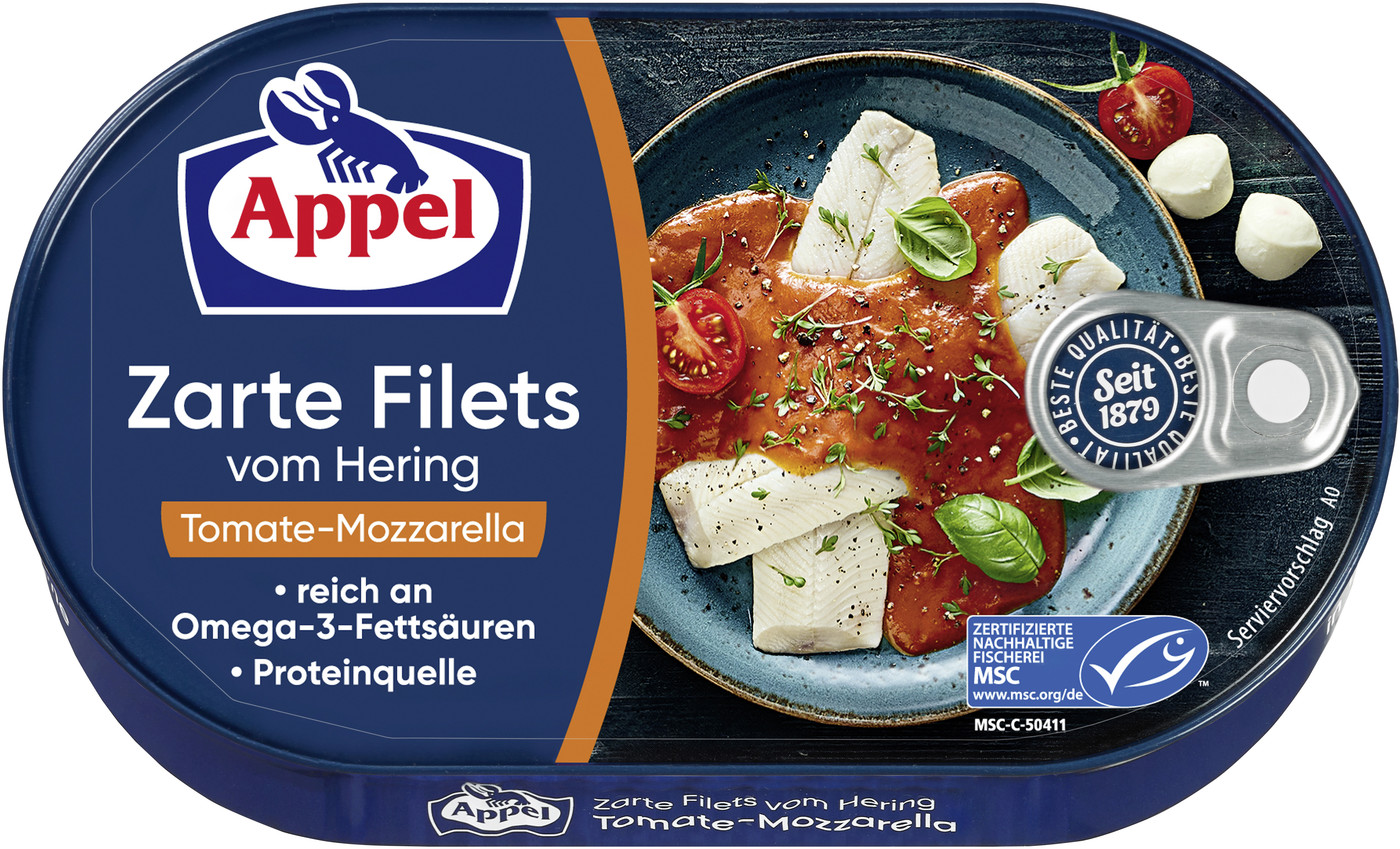 Appel zarte Heringsfilets in Tomate-Mozzarella 200G Appel zarte Heringsfilets in Tomate-Mozzarella 200G