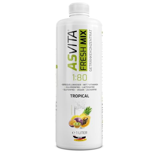 AsVita Sirup ohne Zucker | AsVita Fresh Mix 1:80-1 Liter Flasche - Getränkesirup zuckerfrei - 26 leckere Geschmacksrichtungen (Tropical) von ASVita