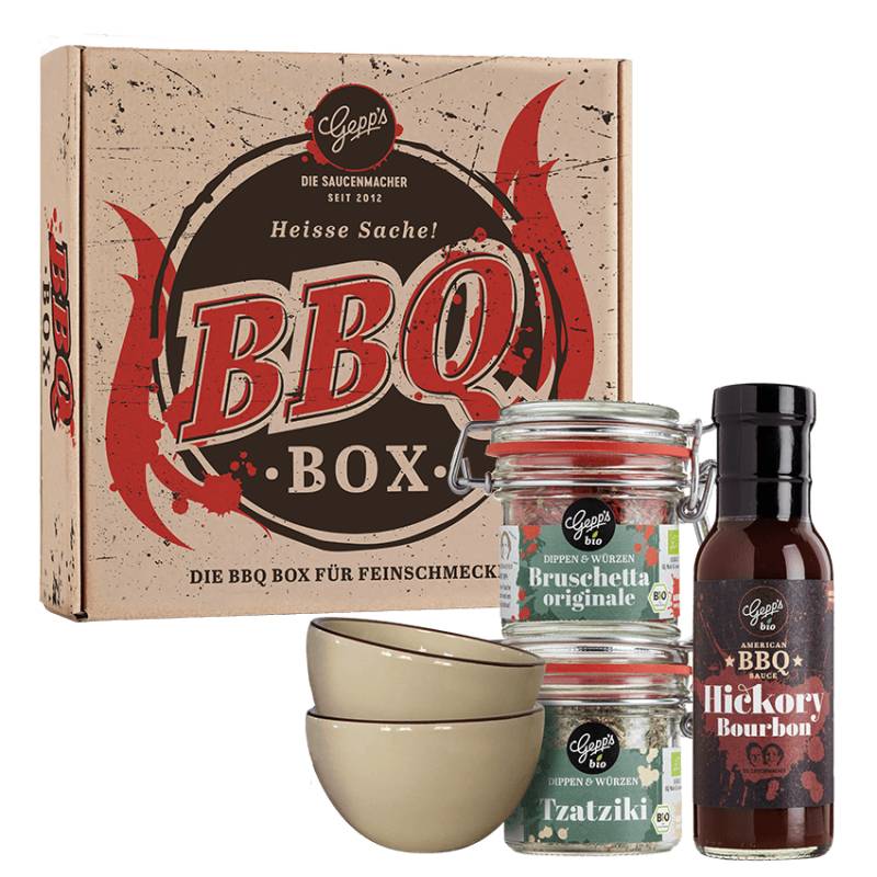 BBQ Set Heiße Sache  - Grill Geschenkbox - BBQ-Saucen - Dips zum Grillen - BBQ Geschenke - Präsentkorb