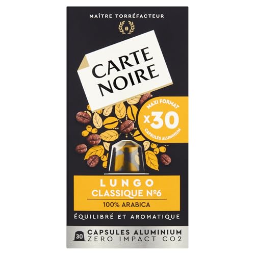 Carte Noire, Espresso-Lungo, Nespresso kompatible Aluminiumkapseln, 1 Pack mit 30 Kaffeekapseln, 100% Arabica, geröstete und nussige Noten, Intensität 8/10, reichhaltige Textur, Kaffeekapseln für einen hohen Kaffee Carte Noire, Espresso-Lungo, Nespresso kompatible Aluminiumkapseln, 1 Pack mit 30 Kaffeekapseln, 100% Arabica, geröstete und nussige Noten, Intensität 8/10, reichhaltige Textur, Kaffeekapseln für einen hohen Kaffee von Carte Noire