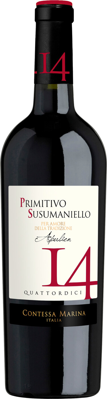 Contessa Marina Primitivo Susumaniello 14 IGT 0,75L - Etikett verschmutzt/beschädigt Contessa Marina Primitivo Susumaniello 14 IGT 0,75L - Etikett verschmutzt/beschädigt
