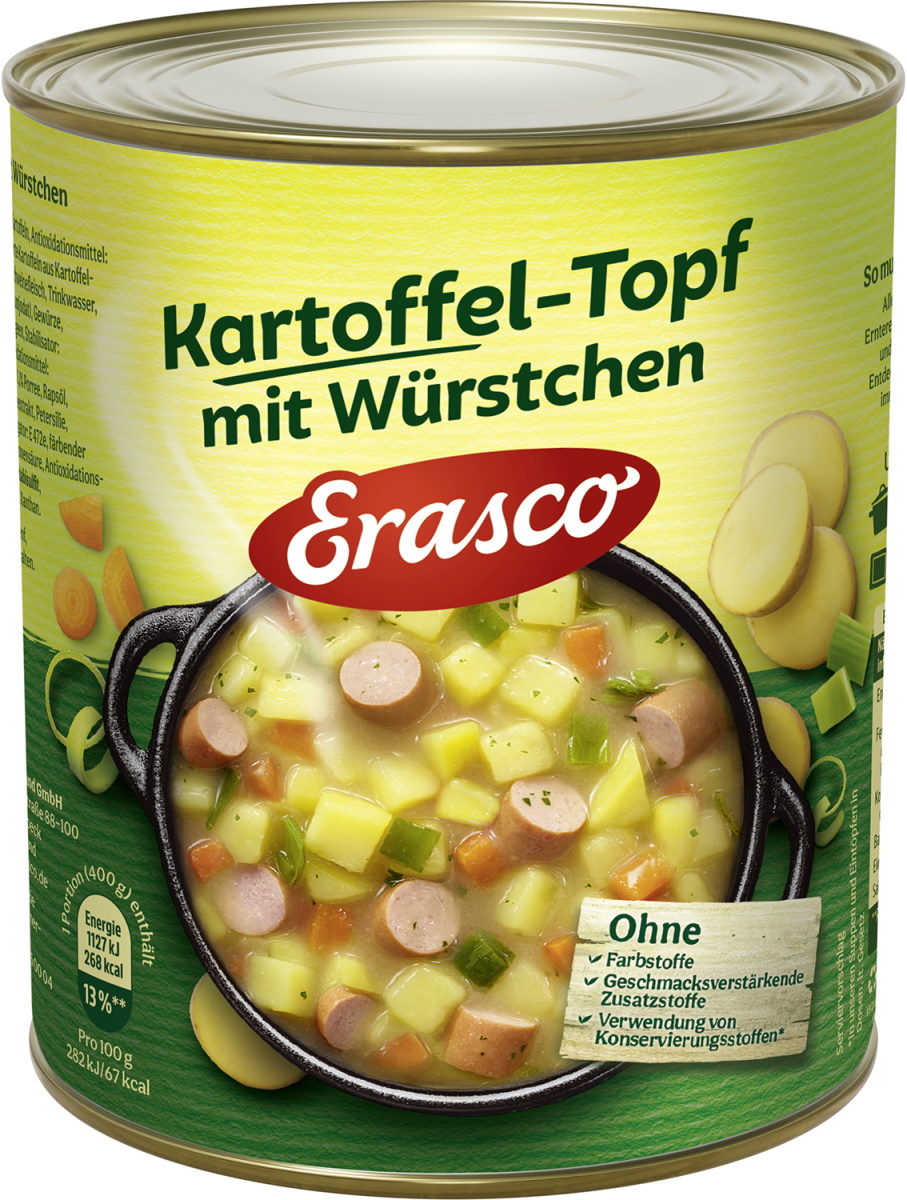 Erasco Kartoffel-Topf mit Würstchen 800G Erasco Kartoffel-Topf mit Würstchen 800G