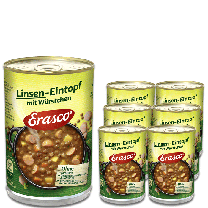 Erasco Linsen-Eintopf mit Würstchen 1 Portion 6x400G Erasco Linsen-Eintopf mit Würstchen 1 Portion 6x400G