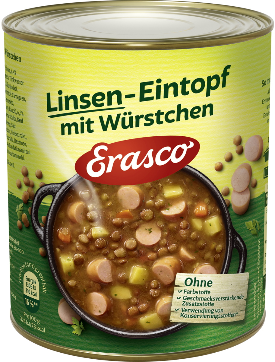 Erasco Linsen-Eintopf mit Würstchen 800G Erasco Linsen-Eintopf mit Würstchen 800G