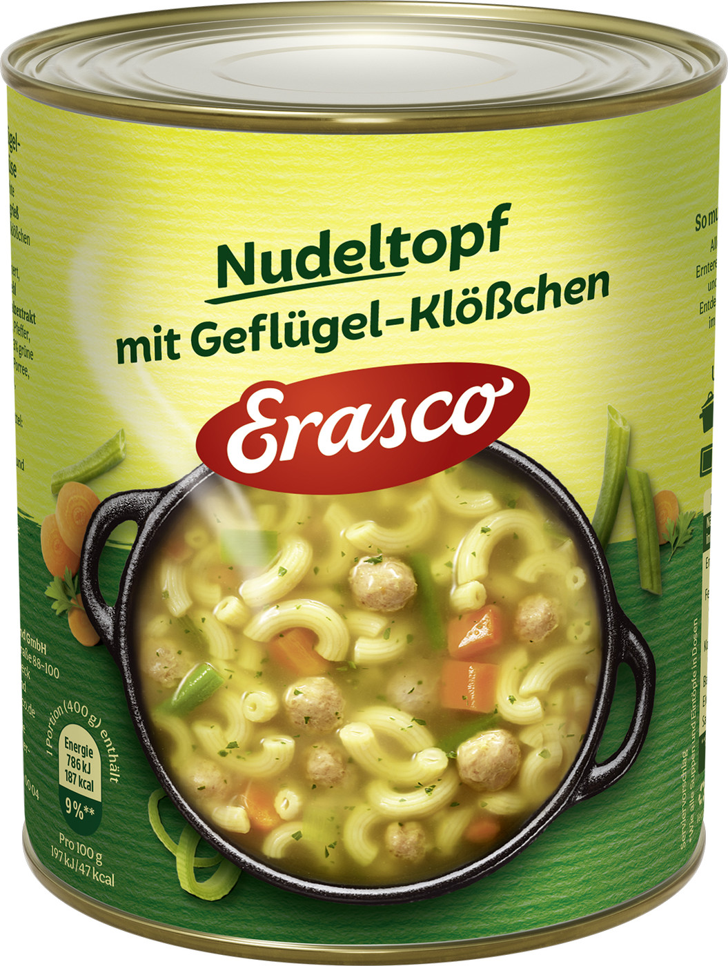Erasco Nudeltopf mit Geflügel-Klößchen 800G Erasco Nudeltopf mit Geflügel-Klößchen 800G
