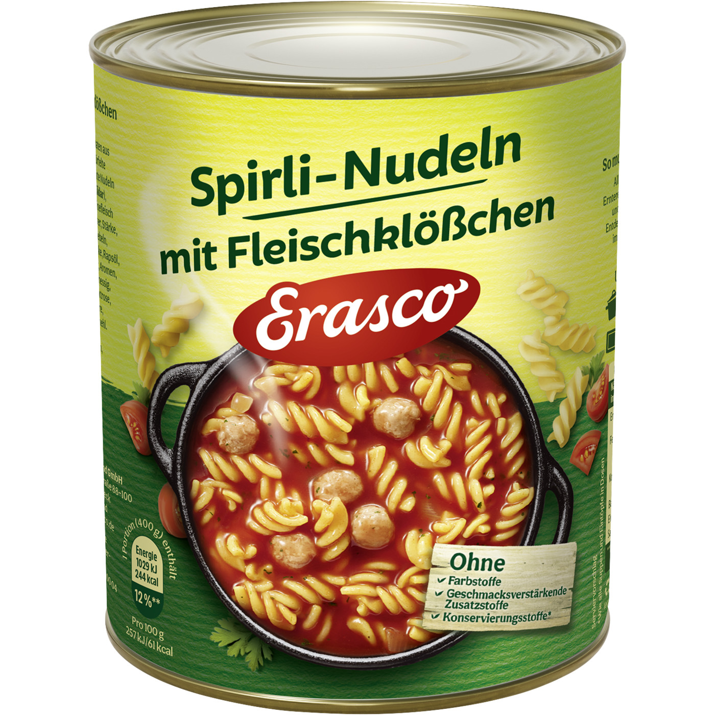 Erasco Spirli-Nudeln mit Fleischklößchen 800G Erasco Spirli-Nudeln mit Fleischklößchen 800G