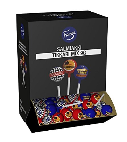 Fazer Salmiakki Lollipop Mix - Lutscher - (Tyrkisk Peber - Salmiakki - Super Salmiakki) - Finnisch Salzlakritz Salmiak Harte Gekocht Pfeffer Einzeln Verpackt Süßigkeiten Box 1,35 kg (150 stck)