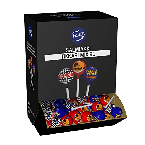 Salmiakki Lollipops und Lakritz Lolly Mix - Salmiak Lutscher Großpackung, Einzeln Verpackt Lollis in Groß XXL Box 1,35 kg von Fazer (150 stck) von Fazer