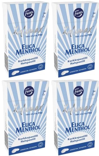 Fazer Xylimax Eucamenthol zuckerfrei 100% Xylitol Pastillen Tropfen Dragees Minze Bonbons Bonbons 4 Boxen à 38 g von Fazer