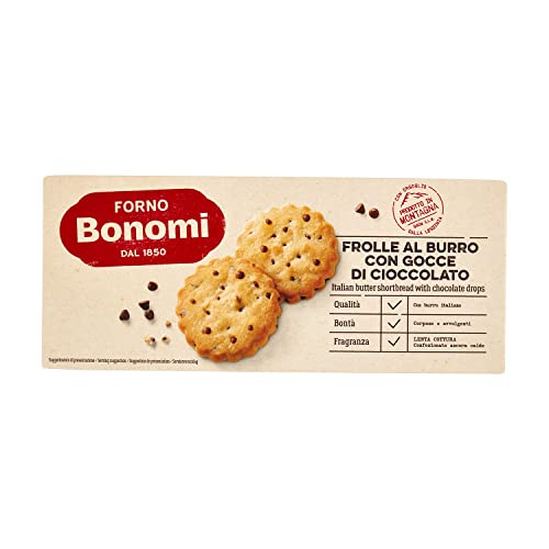 Forno Bonomi Buttermürbteig mit Schokoladenstückchen. Buttermürbegebäck mit Schokoladenstückchen, ideal für einen leckeren Snack. Probieren Sie sie mit Milch oder Kaffee. 150g Packung von Forno Bonomi