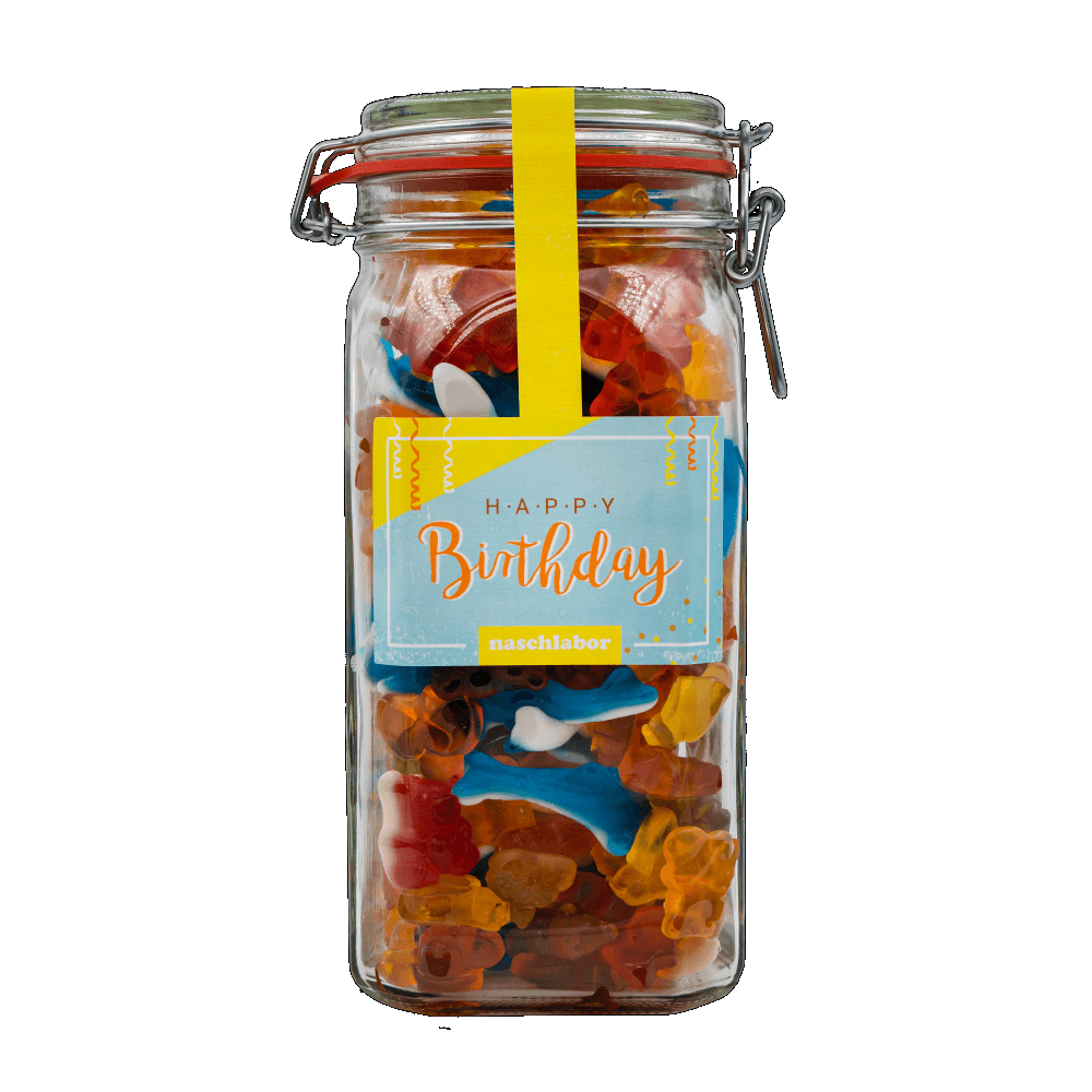 Fruchtgummi Geschenkglas Happy Birthday (XL) 1,2kg Fruchtgummi Mix