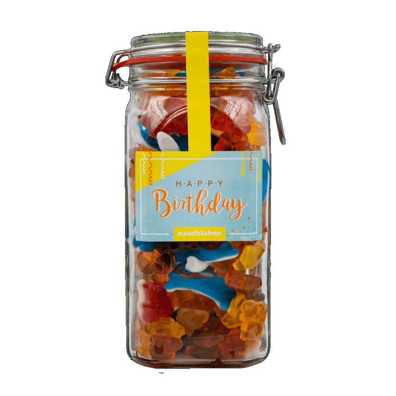 Fruchtgummi Geschenkglas Happy Birthday (XL) 1,2kg Fruchtgummi Mix