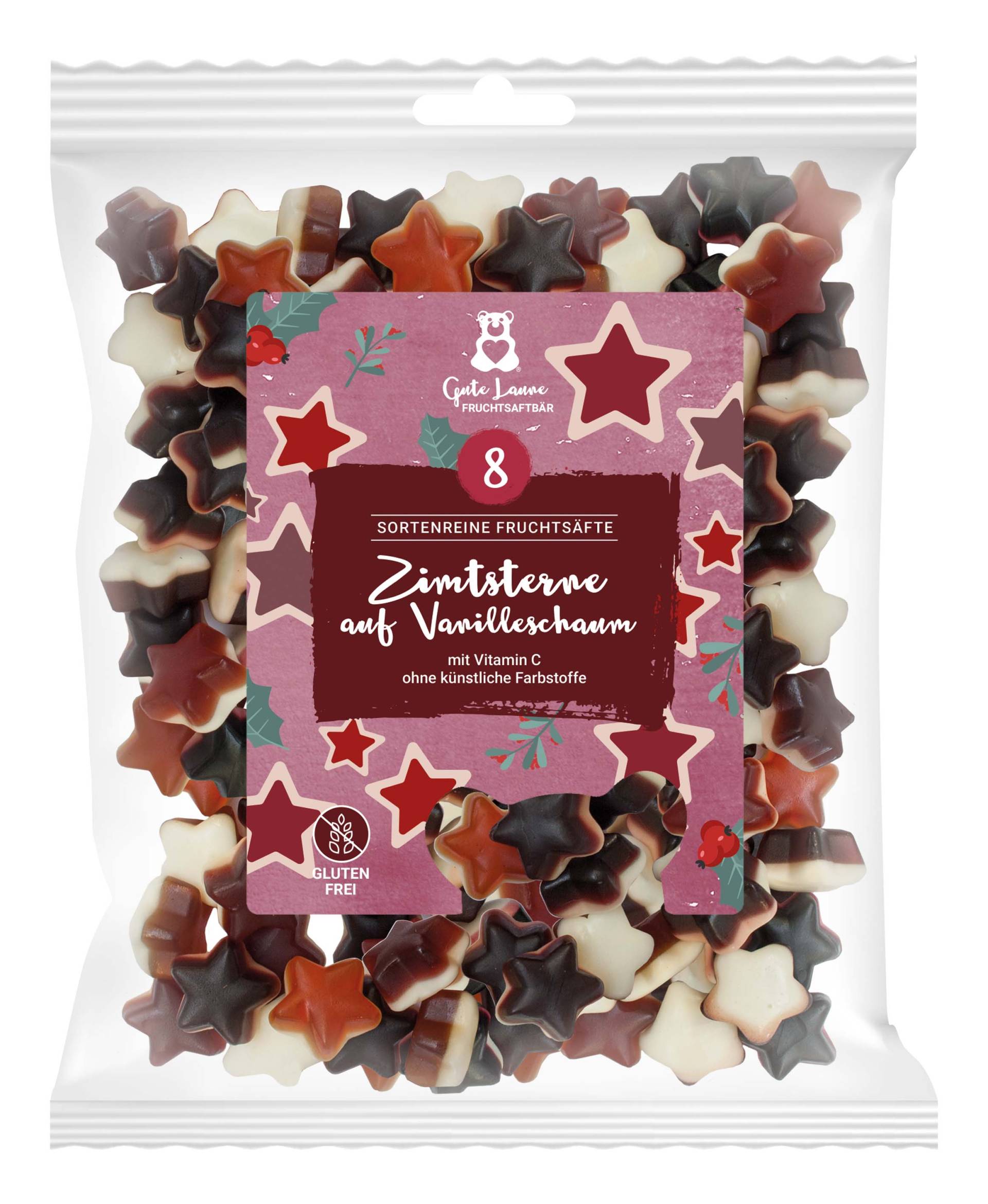 Fruchtgummi Zimtsterne auf Vanilleschaum Fruchtgummi Zimtsterne auf Vanilleschaum