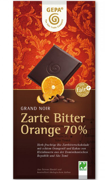 GEPA Fairtrade Grand Noir Orange Bio Schokolade 70% Cacao 100G