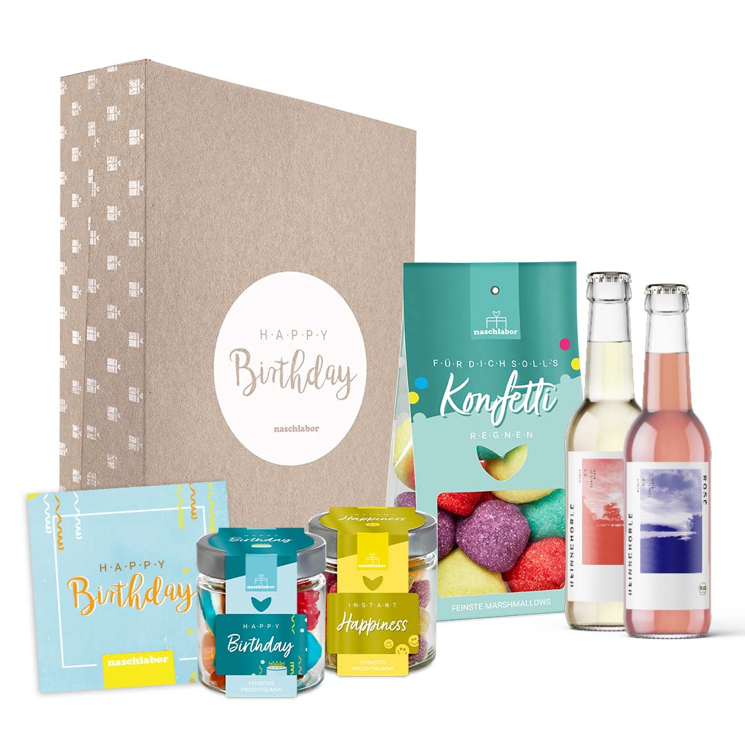 Geburtstag Geschenkbox groß mit Fruchtgummis, Weinschorle und Kuchen für Firmen ...