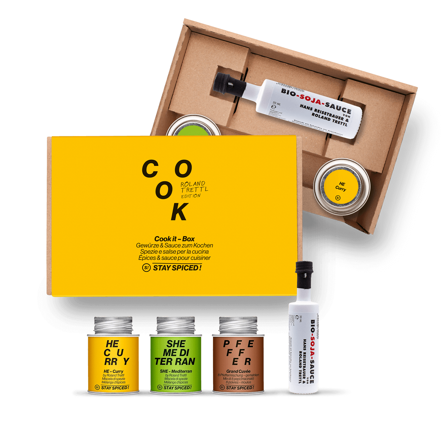 Roland Trettl COOK IT | Gewürze Set & Soja Sauce| 3 Gewürze und 1 Sauce in der Box Roland Trettl COOK IT | Gewürze Set & Soja Sauce| 3 Gewürze und 1 Sauce in der Box
