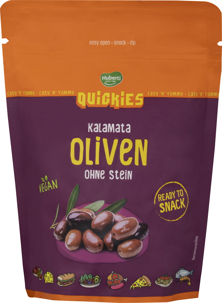Huberti Quickies Kalamata Oliven ohne Stein 150G Huberti Quickies Kalamata Oliven ohne Stein 150G