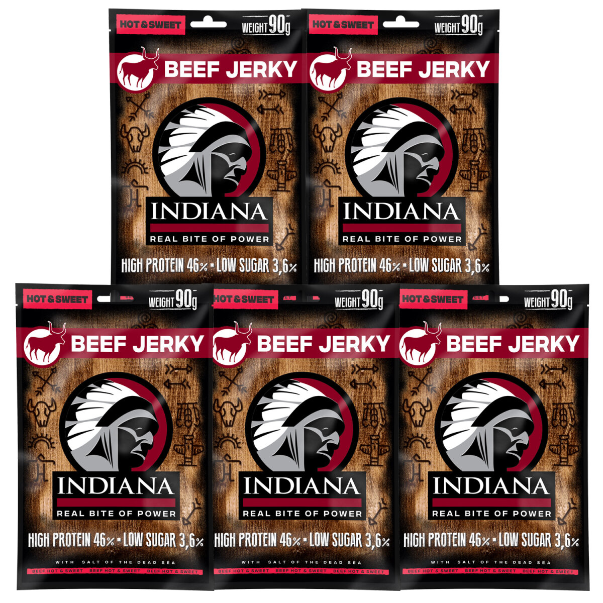 INDIANA Beef Jerky - 90g 5er Pack Hot & Sweet INDIANA Beef Jerky - 90g 5er Pack Hot & Sweet