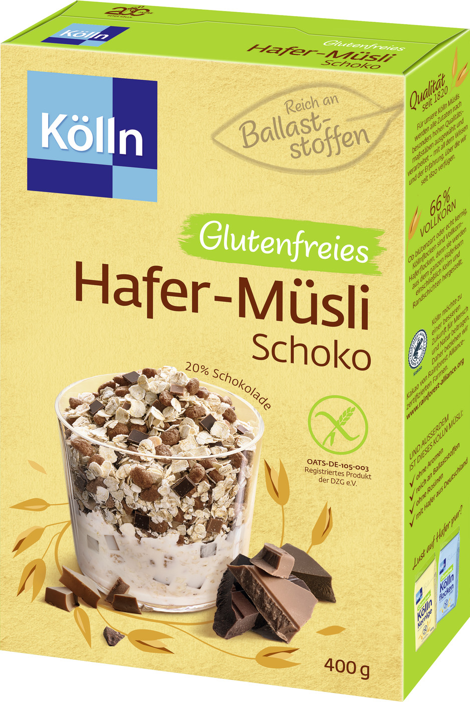 Kölln Balance Zartes Hafer-Müsli Schoko glutenfrei 400G Kölln Balance Zartes Hafer-Müsli Schoko glutenfrei 400G