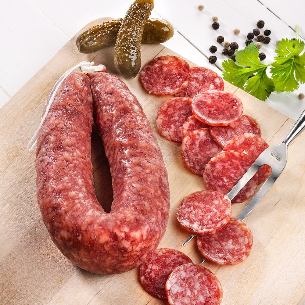 Luftgetrocknete Mettwurst vom Bunten Bentheimer Schwein Bio, im Ring Luftgetrocknete Mettwurst vom Bunten Bentheimer Schwein Bio, im Ring von Sostmann