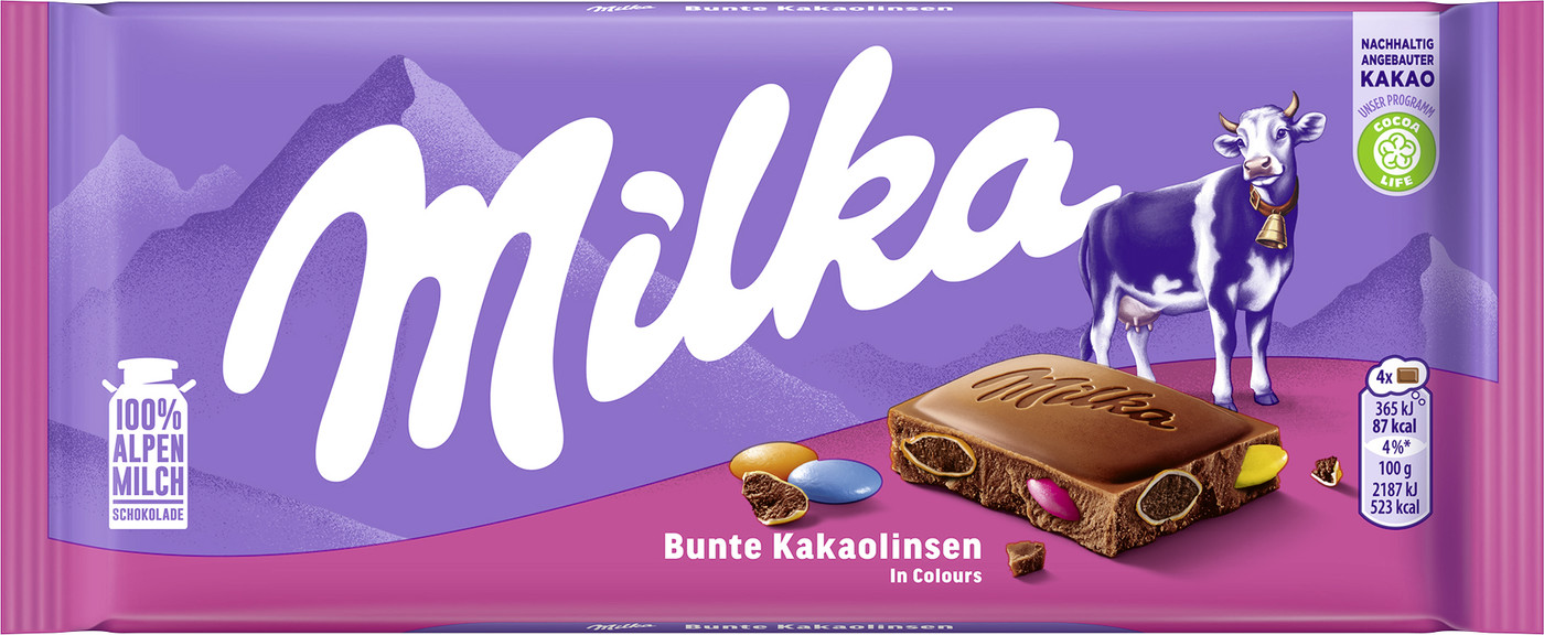 Milka Alpenmilch Schokolade mit bunten Kakaolinsen 100G Milka Alpenmilch Schokolade mit bunten Kakaolinsen 100G
