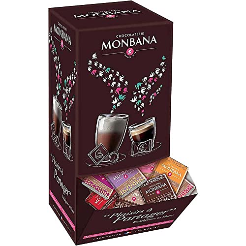 Monbana Box 800 gr Sortiment von 200 Quadraten Schokolade. 10 verschiedene Geschmacksrichtungen, Milchschokolade, dunkle 70%