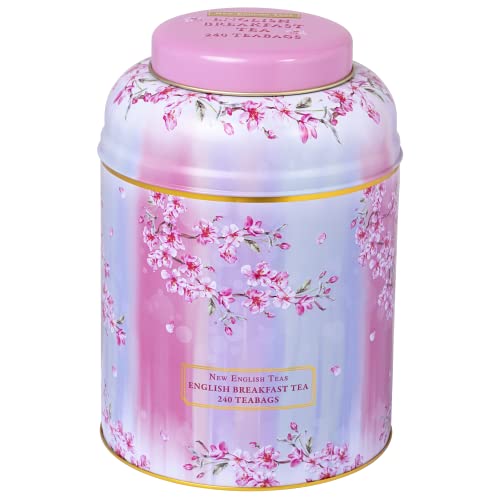 New English Teas Aquarell-Teedose mit Kirschblüten-Motiv, mit 240 englischen Frühstücksteebeuteln von New English Teas