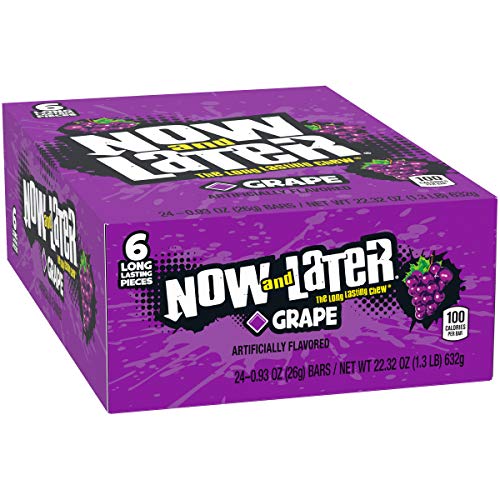 Now & Later Original Taffy Chews Candy, Grape Flavor, 0.93 Ounce Bar, Pack of 24