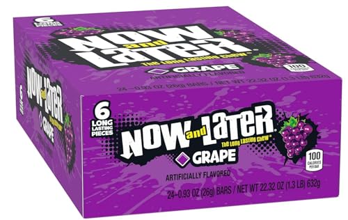 Now & Later Original Taffy Chews Candy, Grape Flavor, 0.93 Ounce Bar, Pack of 24