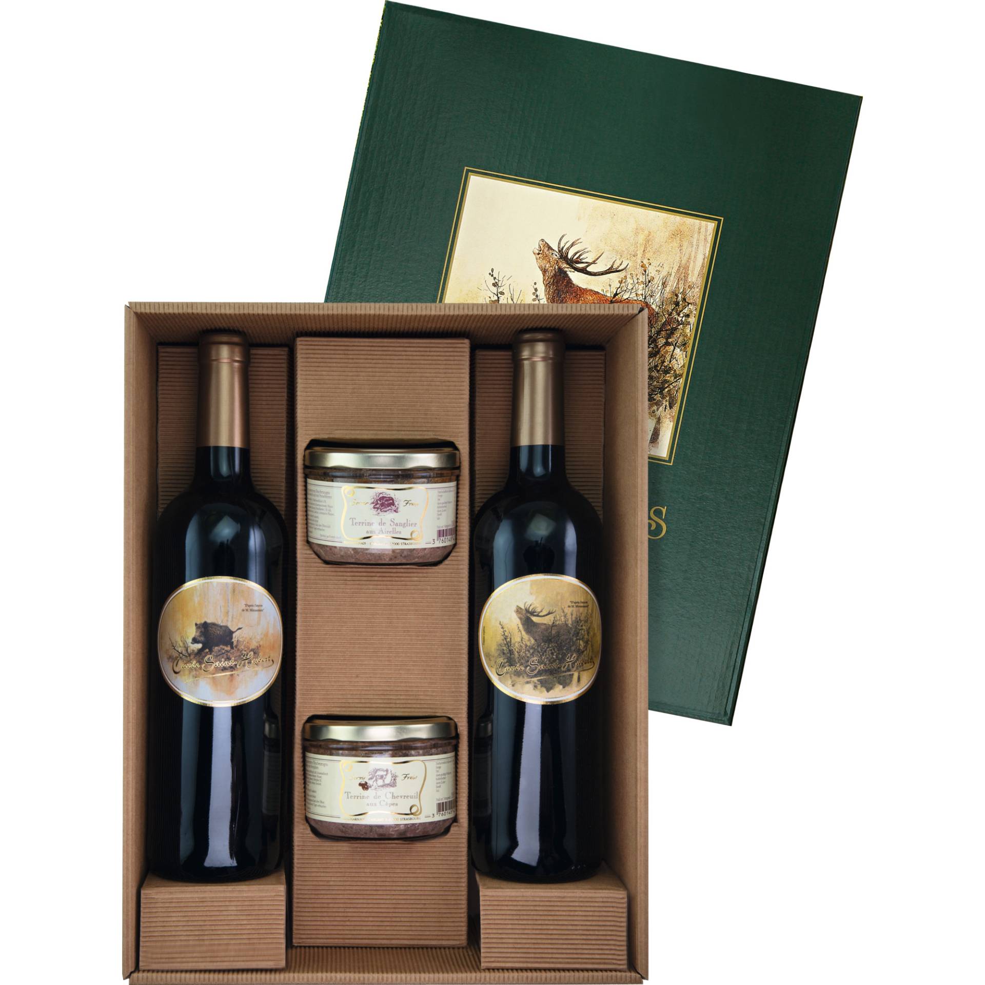 St. Hubertus, Wildterrine und Rotwein-Cuvée, Präsente St. Hubertus, Wildterrine und Rotwein-Cuvée, Präsente