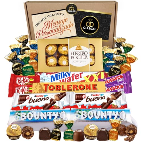 Süßigkeiten-Geschenkbox mit +20 Pralinen Ferrero Rocher, Toblerone, Kinder Bueno, Bounty Coconut, Mars, Twix und leckeren Riegeln Kit Kat und Huesitos. Süßigkeiten-Geschenkbox mit +20 Pralinen Ferrero Rocher, Toblerone, Kinder Bueno, Bounty Coconut, Mars, Twix und leckeren Riegeln Kit Kat und Huesitos. von Cia&Co