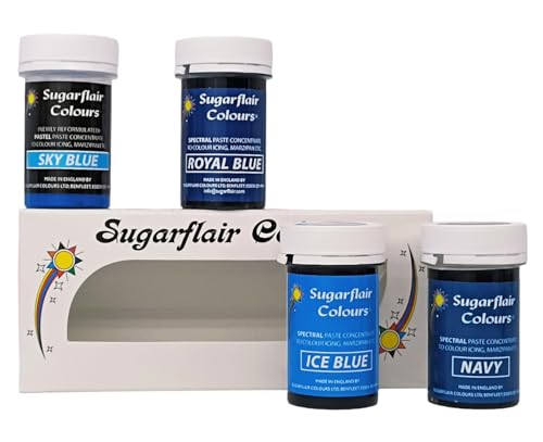 Sugarflair Colours Spectral Paste Blues Multipack, hochkonzentrierte Lebensmittelfarbe, lebendige Farbfarbe zum Backen, Zuckerguss, Eisblau, Königsblau, Himmelblau, Marineblau, 4 x 25 g von Sugarflair Colours
