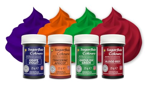 Sugarflair Colours Spectral Paste Multipack Hochkonzentrierte Lebensmittelfarbe Lebensmittelfarbe Lebendige Farbfarbe zum Backen Blutrot Schulterngrün Traubenviolett Mandarine Aprikose Set - 4 x 25 g von Sugarflair Colours