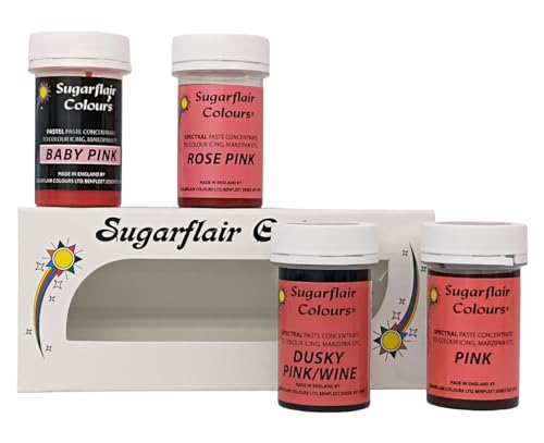 Sugarflair Colours Spectral Paste Pink Multipack Hochkonzentrierte Lebensmittelfarbe Lebensmittelfarbe Lebendige Farbe zum Backen Rose Pink Altrosa Wein Baby Pink Pink Pink Set - 4 x 25g von Sugarflair Colours