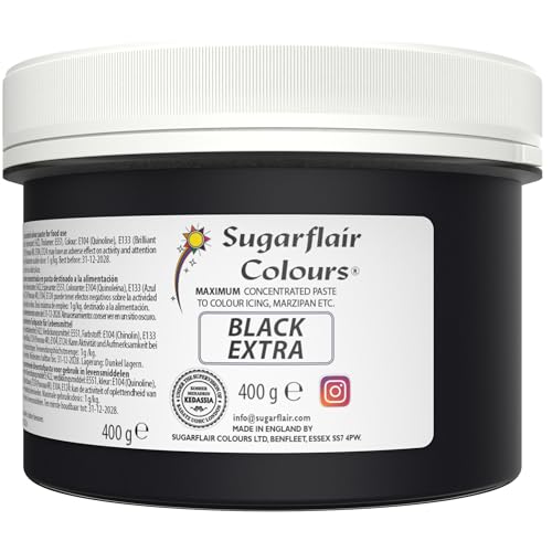 Sugarflair Black Extra Maximum Konzentrierte Lebensmittelfarbpaste, zur Verwendung mit Zuckerpaste, Blütenpaste, Buttercreme, Zuckerguss, Kuchenteig und mehr, 400 g von Sugarflair Colours