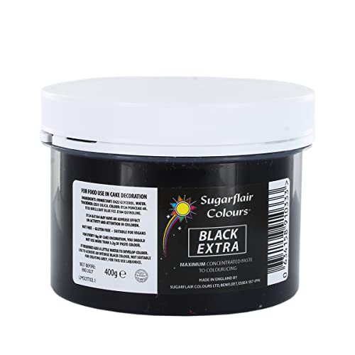 Sugarflair Black Extra Maximum Konzentrierte Lebensmittelfarbpaste, zur Verwendung mit Zuckerpaste, Blütenpaste, Buttercreme, Zuckerguss, Kuchenteig und mehr, 400 g von Sugarflair Colours