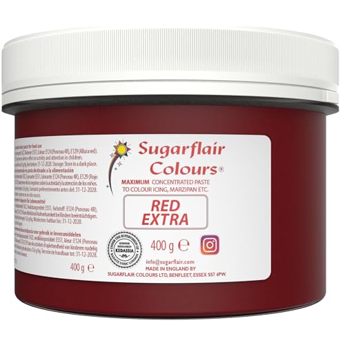 Sugarflair Red Extra Maximum Konzentrierte Lebensmittelfarbpaste, zur Verwendung mit Zuckerpaste, Blütenpaste, Buttercreme, Zuckerguss, Kuchenteig und mehr, 400 g von Sugarflair Colours