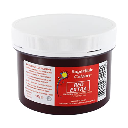 Sugarflair Red Extra Maximum Konzentrierte Lebensmittelfarbpaste, zur Verwendung mit Zuckerpaste, Blütenpaste, Buttercreme, Zuckerguss, Kuchenteig und mehr, 400 g von Sugarflair Colours