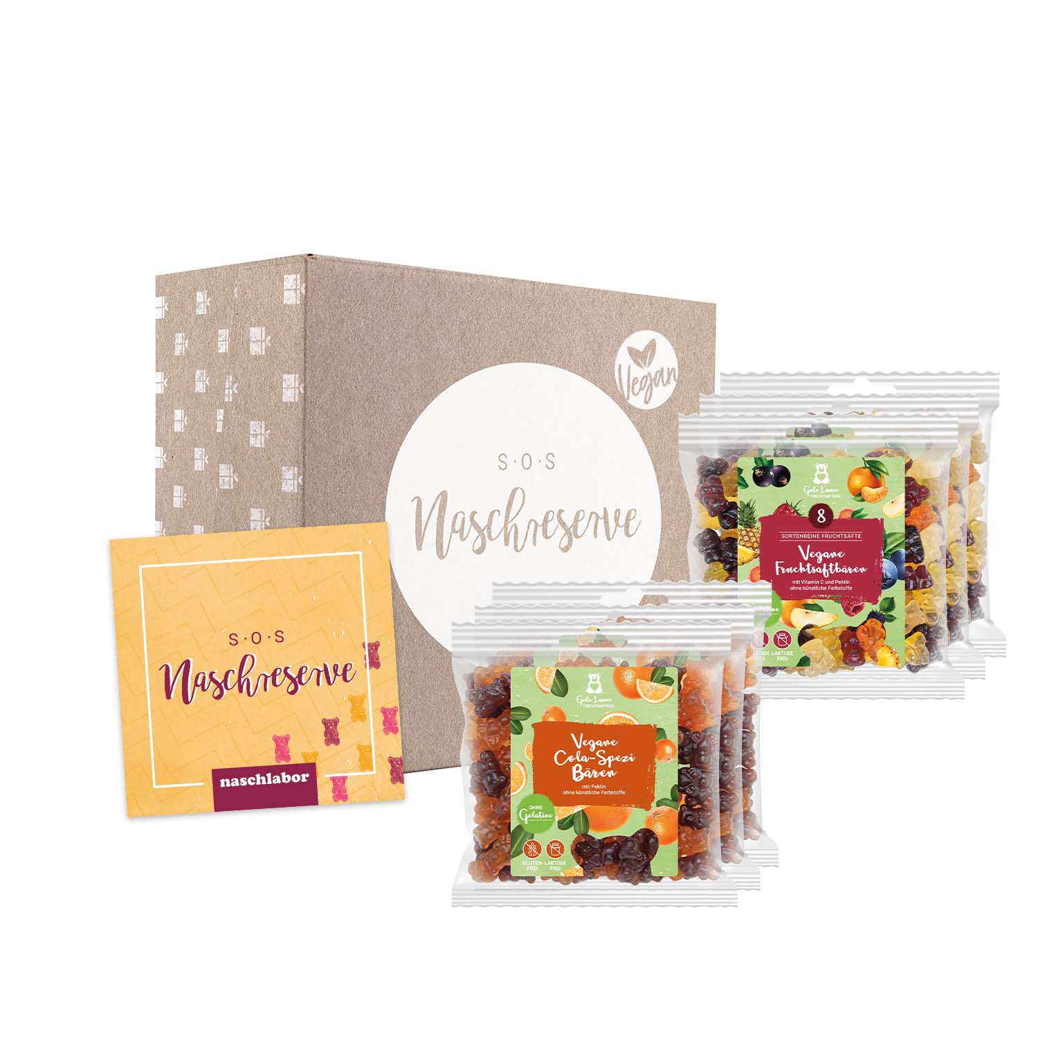 Vegane Geschenkbox SOS Naschreserve (inklusive Standardkarte) Vegane Geschenkbox SOS Naschreserve (inklusive Standardkarte)