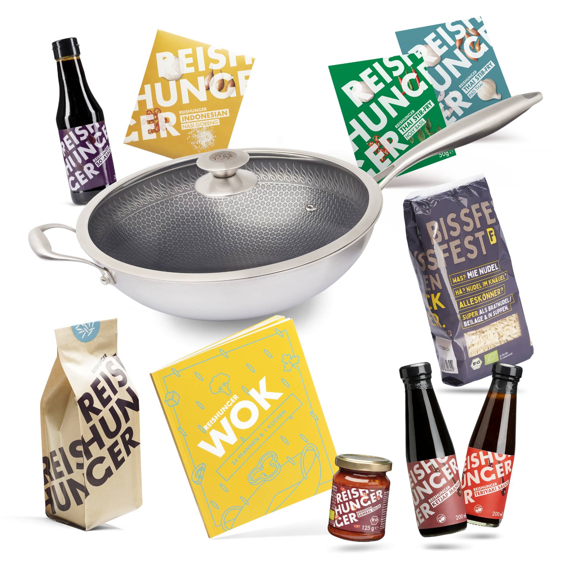 Reishunger Wok Starter Set (11-teilig) | Premium Edelstahl Wok | Wok Kochbuch mit 25 Rezepten | Alle Zutaten für leckere Wok Gerichte