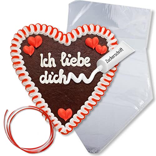 Lebkuchenherz Rohling 21cm zum selber Beschriften - Komplett-Set | inkl. Zuckerdekoration Zuckerschrift Geschenkverpackung Geschenke selber machen Geschenkideen zum basteln von LEBKUCHEN WELT von Lebkuchenwelt