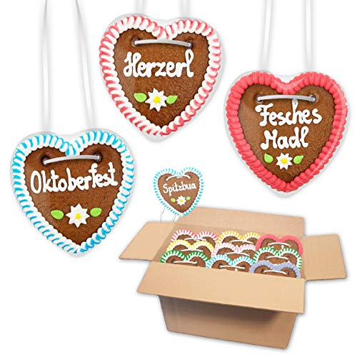 100x Lebkuchen Herzen Mischkarton - Bayerische Sprüche 10cm - Frisch & Saftig! Lebkuchenherz Mottoparty Bayerisch LEBKUCHEN WELT von Lebkuchenwelt